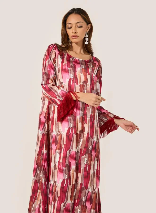 Amirah Abstract Print Jalabiya with Tassel Trim