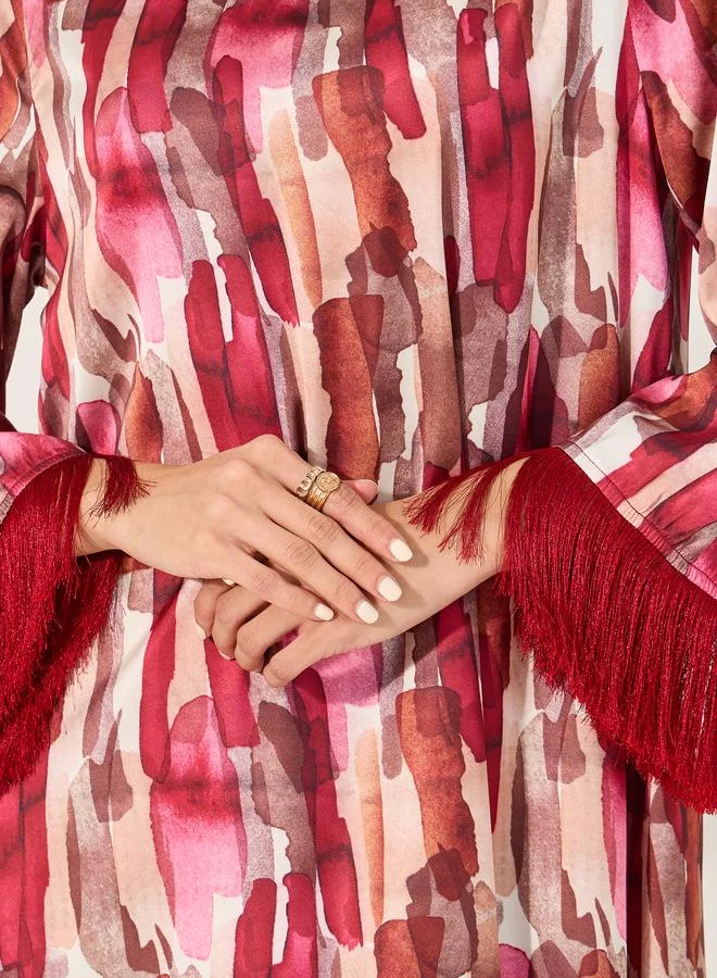 Amirah Abstract Print Jalabiya with Tassel Trim