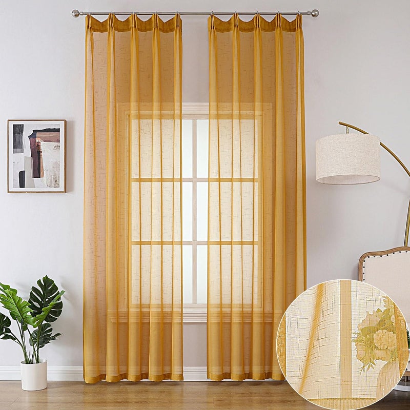 Ftinala Mustard Gold Sheer Curtains 84 Inches Long 2 Panels, Textured Linen Look See Through Curtains & Drapes, Vintage Yellow Light Filtering Window, Pinch Pleat Sliding Glass Door Ceiling Curtain - Image 1