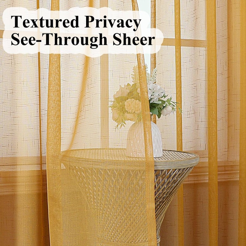 Ftinala Mustard Gold Sheer Curtains 84 Inches Long 2 Panels, Textured Linen Look See Through Curtains & Drapes, Vintage Yellow Light Filtering Window, Pinch Pleat Sliding Glass Door Ceiling Curtain - Image 4