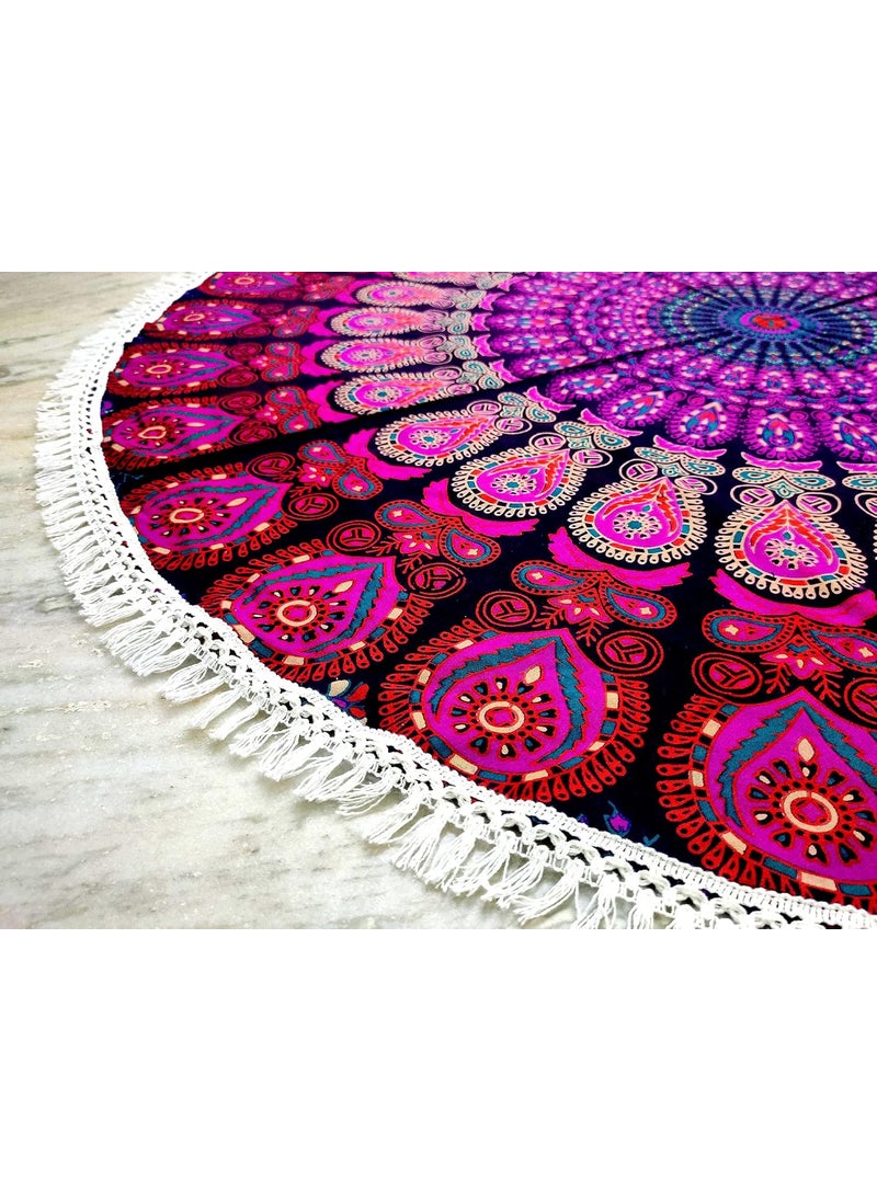 INDIAN CRAFT CASTLE Round Beach Tapestry Turquoise Mandala ThrowBoho Hippie Beach Blanket RoundieIndian Cotton Bohemian Large Round Table ClothHome DecorYoga Mat Meditation Picnic Rug 42 White And Pink  - Image 2