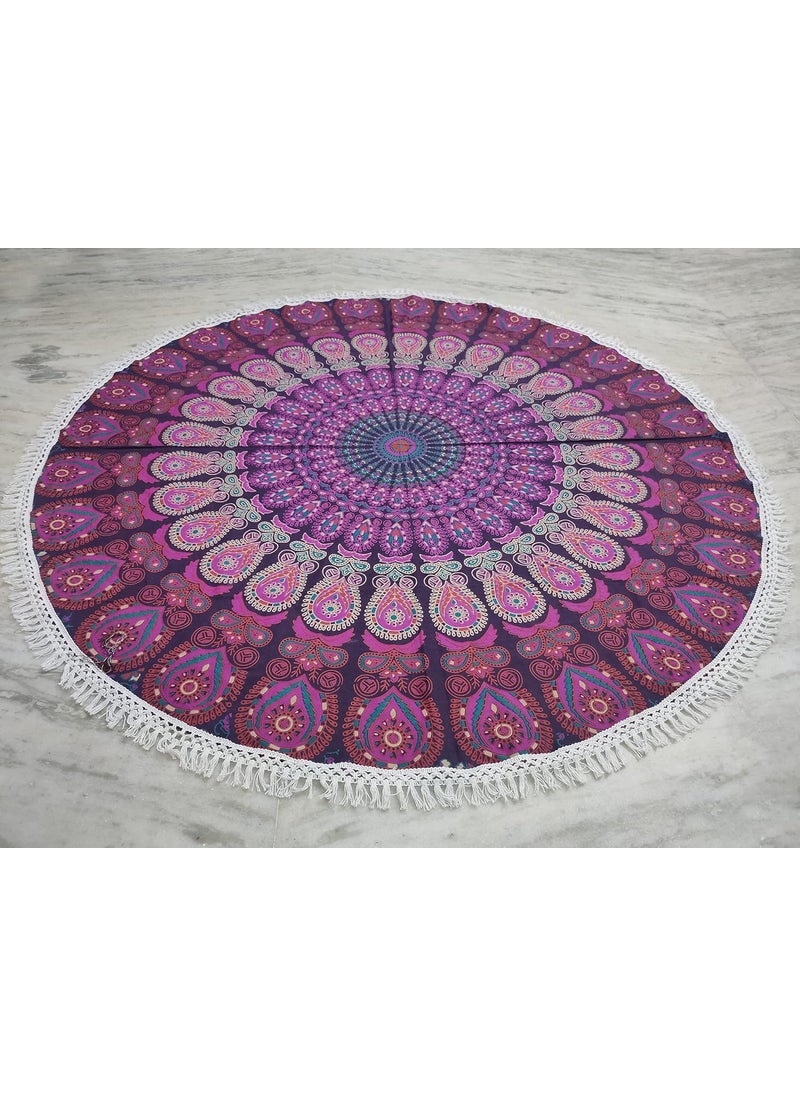 INDIAN CRAFT CASTLE Round Beach Tapestry Turquoise Mandala ThrowBoho Hippie Beach Blanket RoundieIndian Cotton Bohemian Large Round Table ClothHome DecorYoga Mat Meditation Picnic Rug 42 White And Pink  - Image 5
