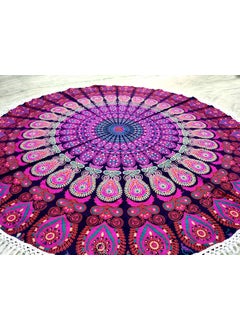 INDIAN CRAFT CASTLE Round Beach Tapestry Turquoise Mandala ThrowBoho Hippie Beach Blanket RoundieIndian Cotton Bohemian Large Round Table ClothHome DecorYoga Mat Meditation Picnic Rug 42 White And Pink  - Image 1