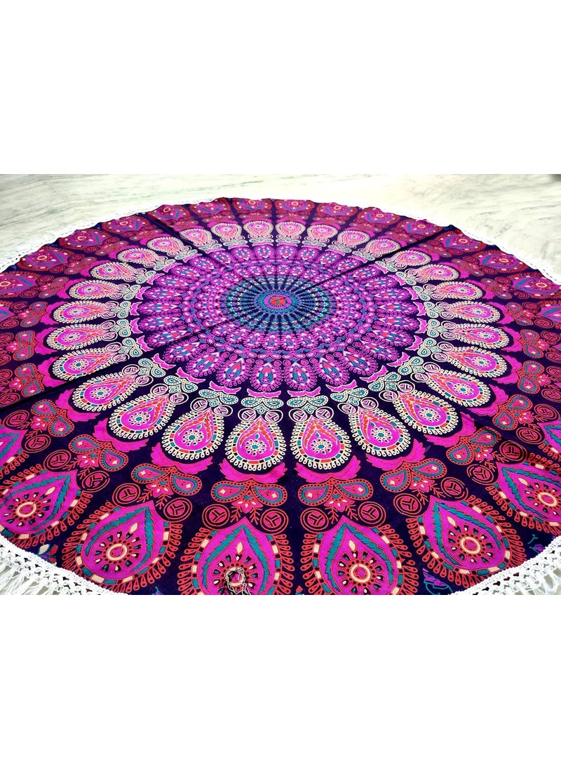 INDIAN CRAFT CASTLE Round Beach Tapestry Turquoise Mandala ThrowBoho Hippie Beach Blanket RoundieIndian Cotton Bohemian Large Round Table ClothHome DecorYoga Mat Meditation Picnic Rug 42 White And Pink  - Image 1