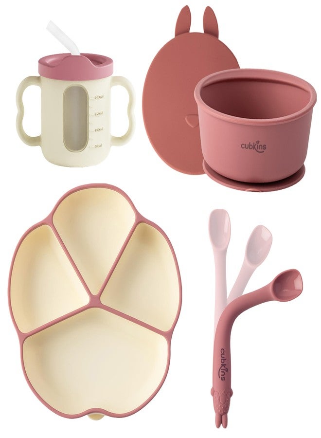 Cubkins Silicone Suction Plate, Bowl with Lid, Sippy Cup with Straw & Bendable Training Spoon Set of 4 for Feeding Babies | BPA Free, Washable and Reusable Feeding Set for Kids, Toddlers (Raspberry) - Image 1