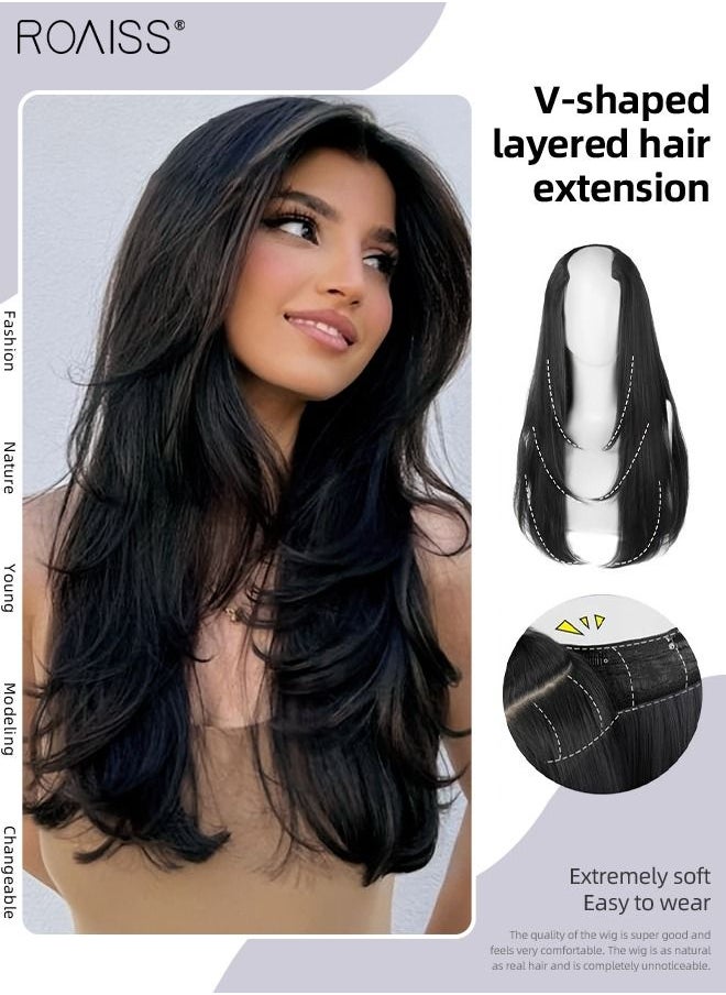 roaiss - V-Shaped Layered Hair Extensions One Piece Straight Hair Extension Wig with 4 Clips Heat Resistant Synthetic Hairpiece for Women Girls Natural Black 55cm (22 inches) - Image 1