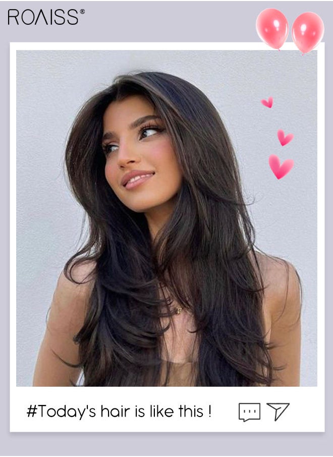 roaiss - V-Shaped Layered Hair Extensions One Piece Straight Hair Extension Wig with 4 Clips Heat Resistant Synthetic Hairpiece for Women Girls Natural Black 55cm (22 inches) - Image 1