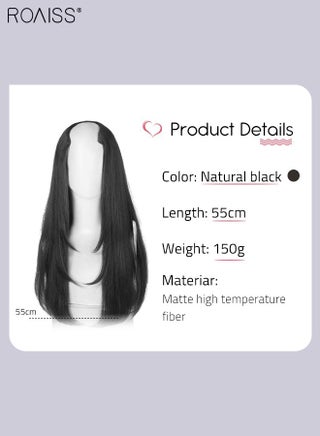 V-Shaped Layered Hair Extensions One Piece Straight Hair Extension Wig with 4 Clips Heat Resistant Synthetic Hairpiece for Women Girls Natural Black 55cm (22 inches) - view 3