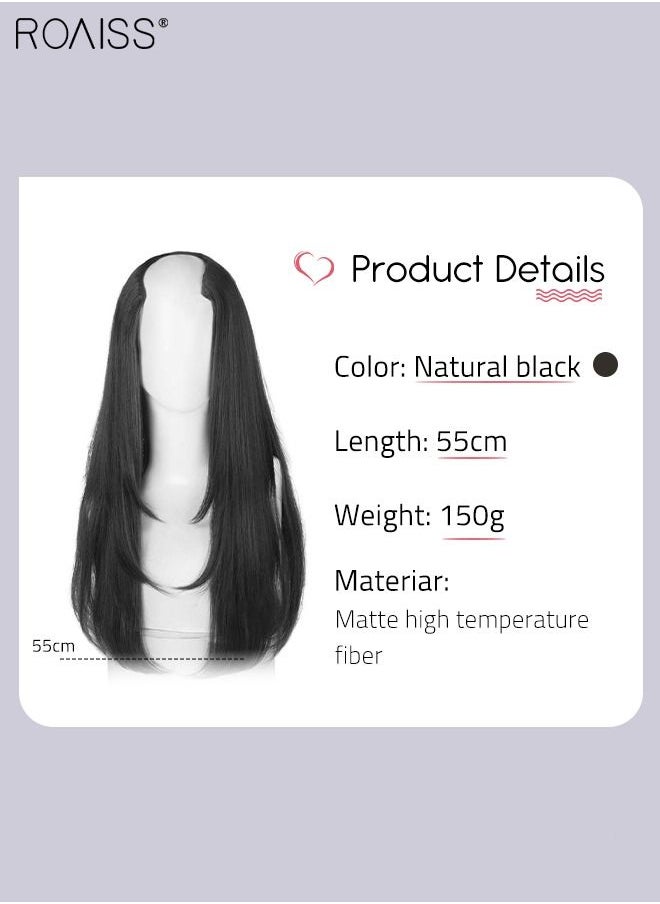 roaiss - V-Shaped Layered Hair Extensions One Piece Straight Hair Extension Wig with 4 Clips Heat Resistant Synthetic Hairpiece for Women Girls Natural Black 55cm (22 inches) - Image 1