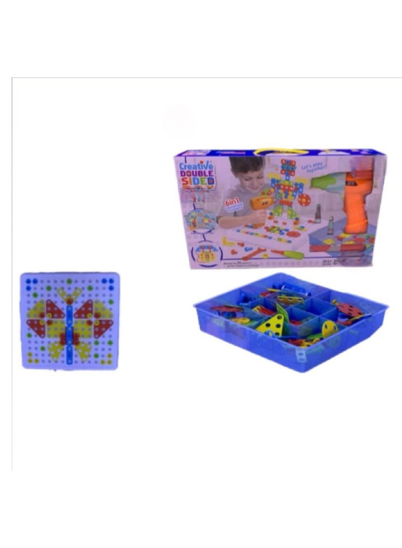 Creative Double-Sided Drill Puzzle Set – 6-in-1 DIY Construction Toy with Electric Drill & Colorful Pegs for Kids