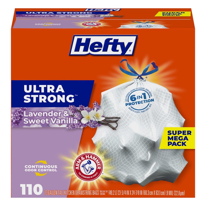 Hefty Ultra Strong 13 Gallon Trash Bags, Tall Kitchen Trash Bags 13 Gallon Size, Drawstring Closure, Continuous Odor Control, White, Lavender and Sweet Vanilla Scent, 110 Bags - Image 1
