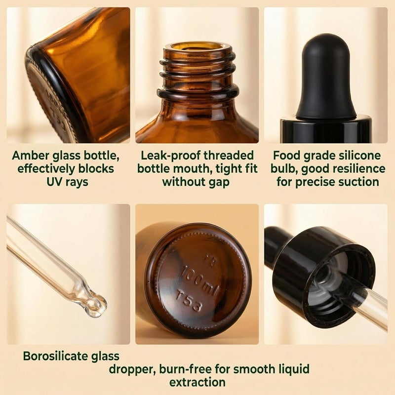 ericotry 2 Pcs 100ml Glass Dropper Bottles Empty Amber Glass Bottle Vial Container with Glass Dropper for Essential Oil Formulas Cosmetics Perfumes & Other Liquids - Image 4
