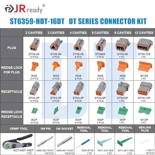 JRready ST6359 Deutsch Connector Kit 2 3 4 6 8 12 Pin DT Connectors Size 16 Solid Contacts 1620AWG Deutsch Crimp Tool Deutsch Pin Removal Tool Waterproof Automotive Electrical Connectors - Image 3