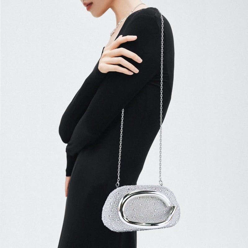 NEWROGENG Clutch Purses for Women Formal, Rhinestone Evening Bags with Chain, Trendy Metal Handle Purses and Handbags 2025, Silver - Image 5