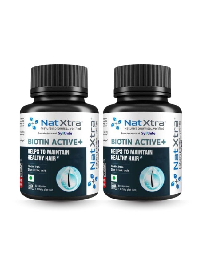 Natxtra Biotin Active + Combo | 60 x 2 Capsules | Hair & Skin Health Supplement | Promotes Hair Growth | Helps Prevent Balding and Thinning | Treats Dryness | Made with Biotin, Folic Acid and Iron - Image 1