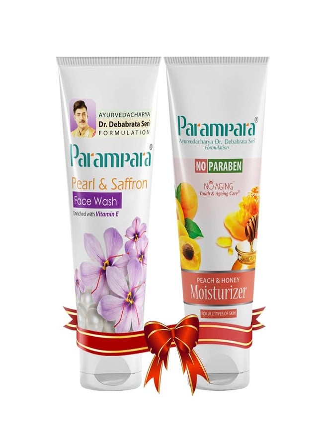 Parampara Ayurved Pearl & Saffron Face Wash 60ml + Peach & Honey Moisturizer Cream 100ml Combo | Deep Cleansing, Brightening & Hydrating Skincare for All Skin Types - Image 2