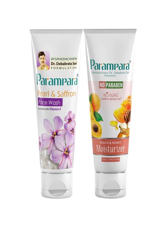 Parampara Ayurved Pearl & Saffron Face Wash 60ml + Peach & Honey Moisturizer Cream 100ml Combo | Deep Cleansing, Brightening & Hydrating Skincare for All Skin Types - Image 1