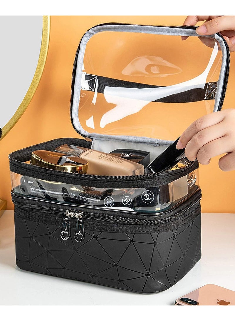 URbazaar Makeup Bag, Double layer Cosmetic Cases Travel Makeup Organizer Toiletry Bags Large Make Up Bag For Women Girls  (Black) - Image 1