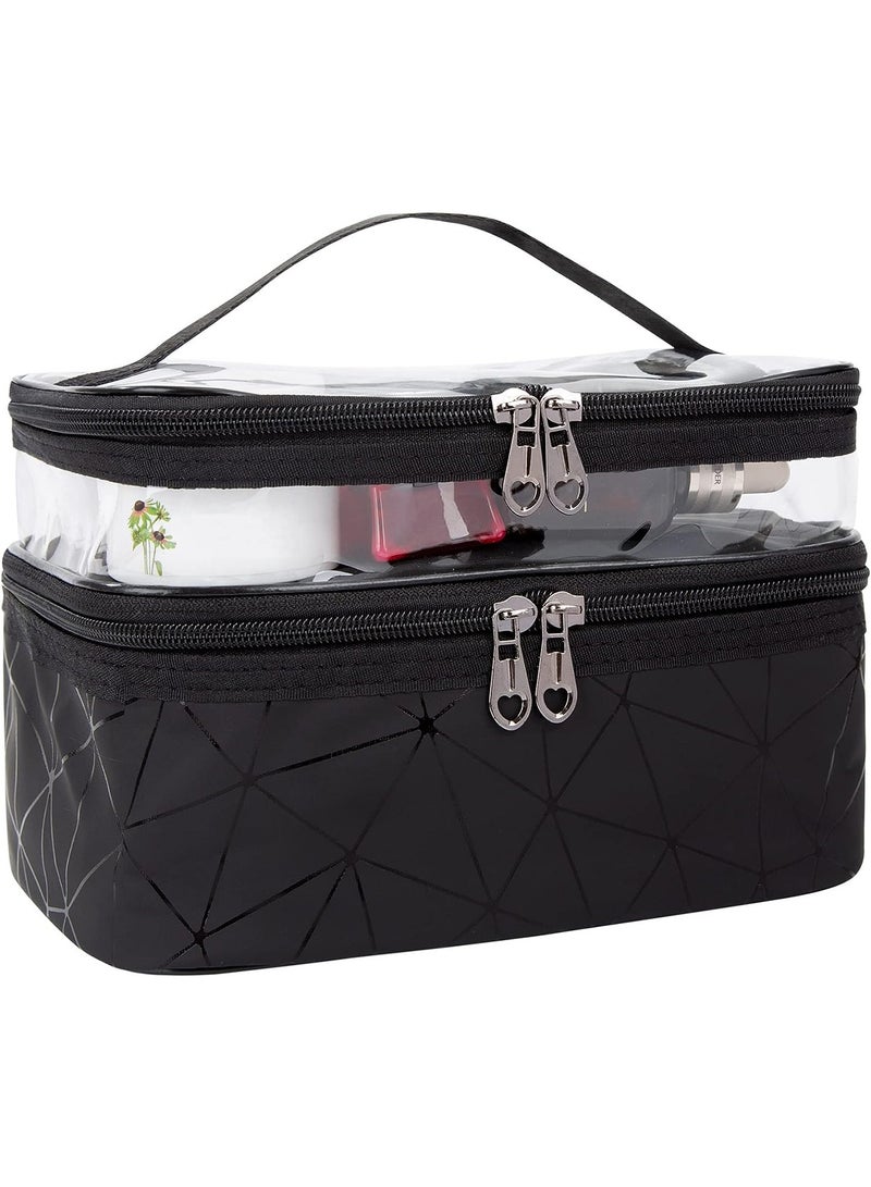 URbazaar Makeup Bag, Double layer Cosmetic Cases Travel Makeup Organizer Toiletry Bags Large Make Up Bag For Women Girls  (Black) - Image 2