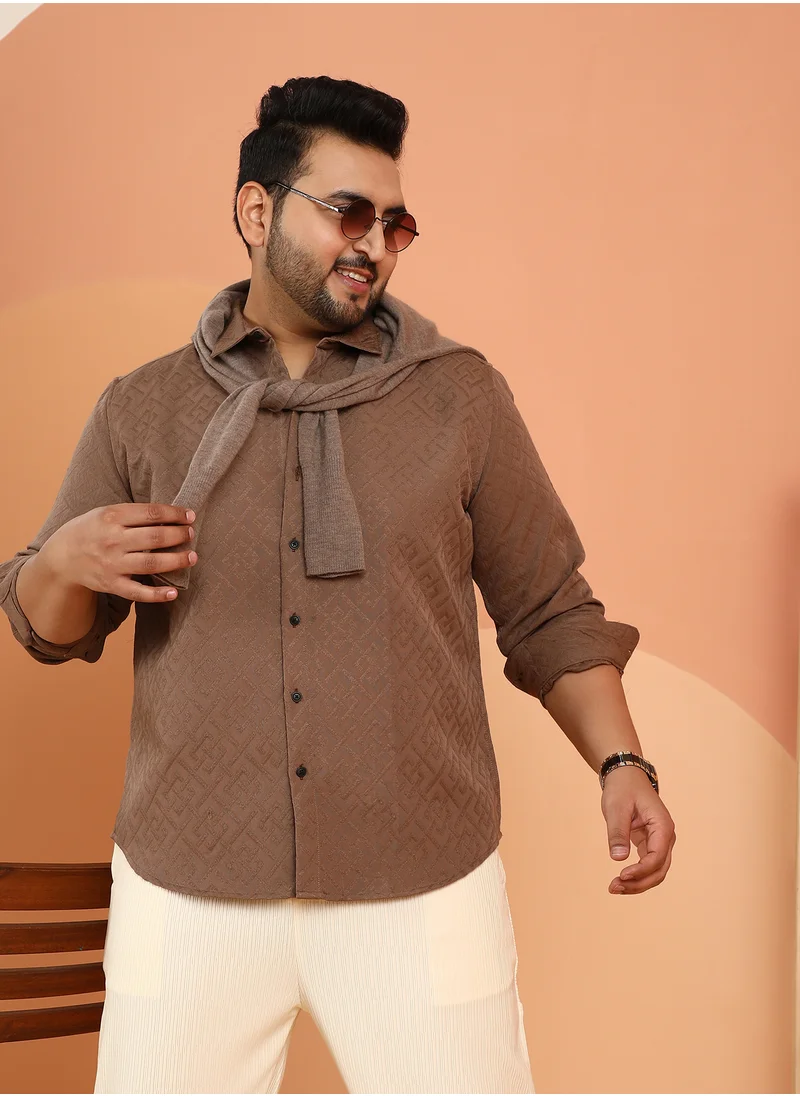 Instafab Plus Instafab Plus Men's Mocha Brown Geometric Self-Design Shirt For Casual Wear | Spread Collar | Long Cuffed Sleeves | Button Closure | Plus Size Shirt Crafted With Comfort Fit For Everyday Wear