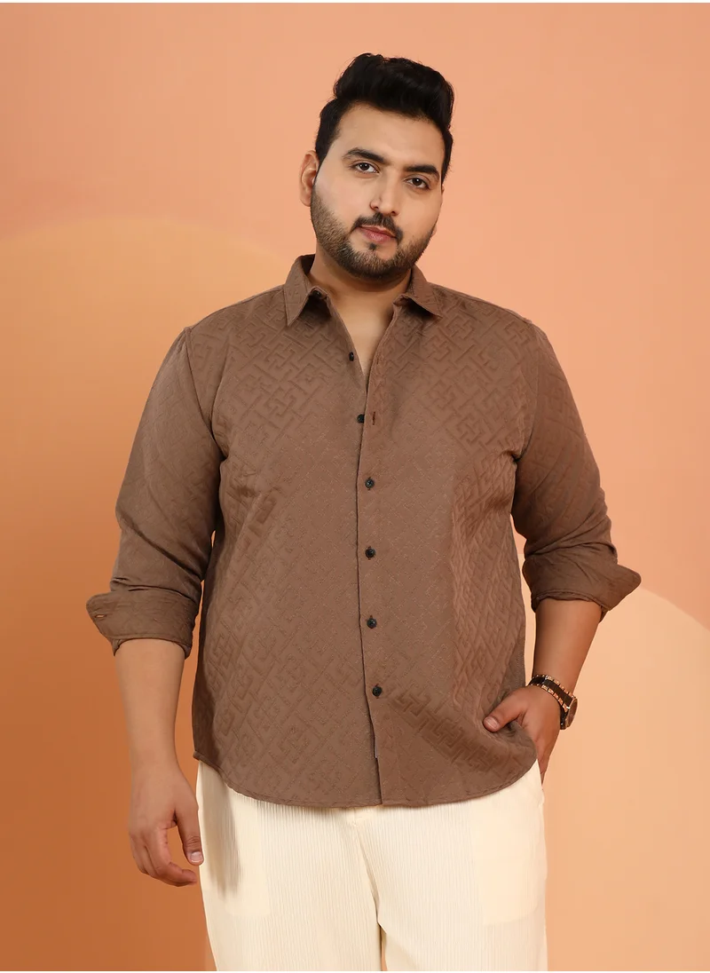 Instafab Plus Instafab Plus Men's Mocha Brown Geometric Self-Design Shirt For Casual Wear | Spread Collar | Long Cuffed Sleeves | Button Closure | Plus Size Shirt Crafted With Comfort Fit For Everyday Wear