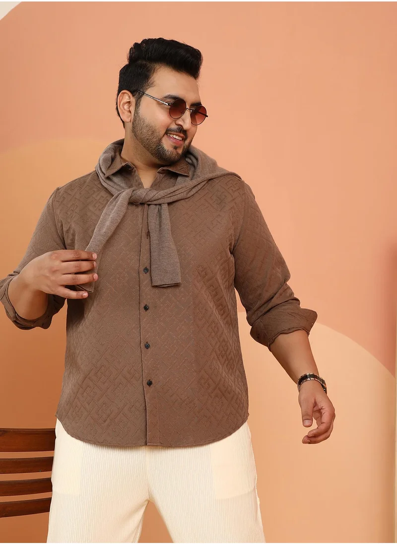 انستافاب بلس Instafab Plus Men's Mocha Brown Geometric Self-Design Shirt For Casual Wear | Spread Collar | Long Cuffed Sleeves | Button Closure | Plus Size Shirt Crafted With Comfort Fit For Everyday Wear