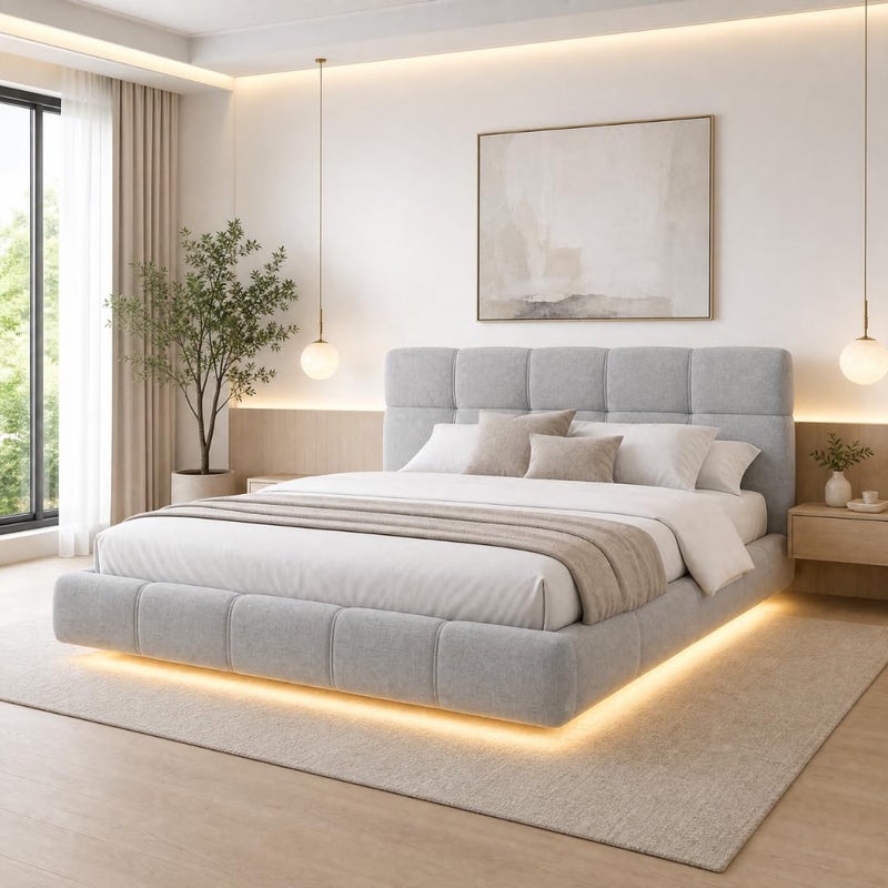 Modern Upholstered LED Floating Bed Frame with Tufted Headboard - Super King Size (200 x 200 cm) - Light Grey - Image 1
