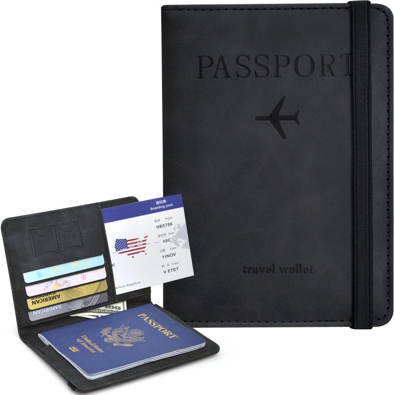 KAOBAN Passport Holder, Passport Cover with Credit Card Slot and Boarding Pass Slot Combo, Passport Wallet Case Book Travel Must Have, RFID Blocking Leather Travel Accessories, Black - Image 2
