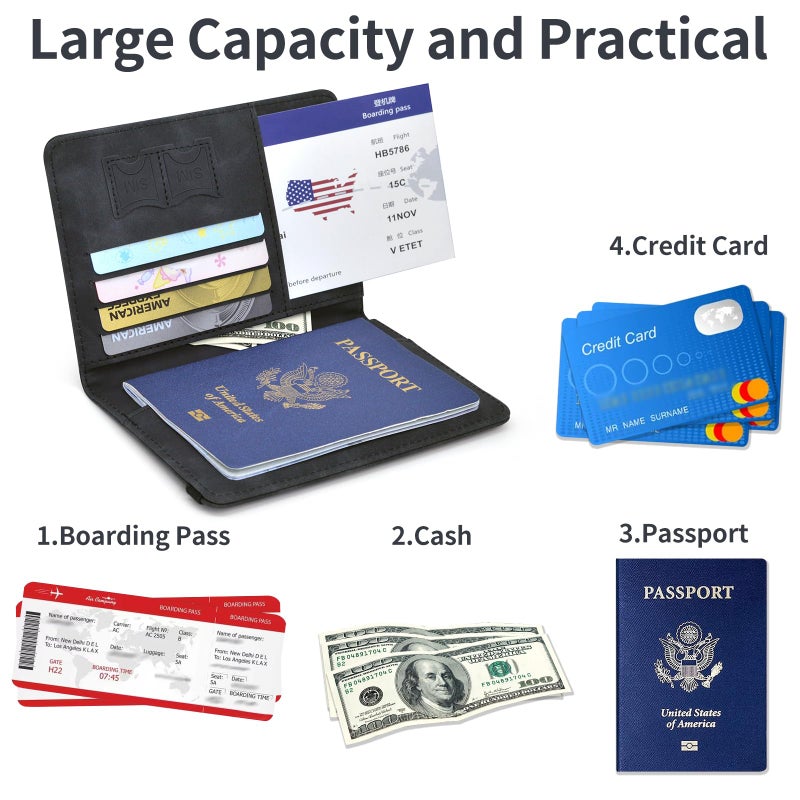 KAOBAN Passport Holder, Passport Cover with Credit Card Slot and Boarding Pass Slot Combo, Passport Wallet Case Book Travel Must Have, RFID Blocking Leather Travel Accessories, Black - Image 4