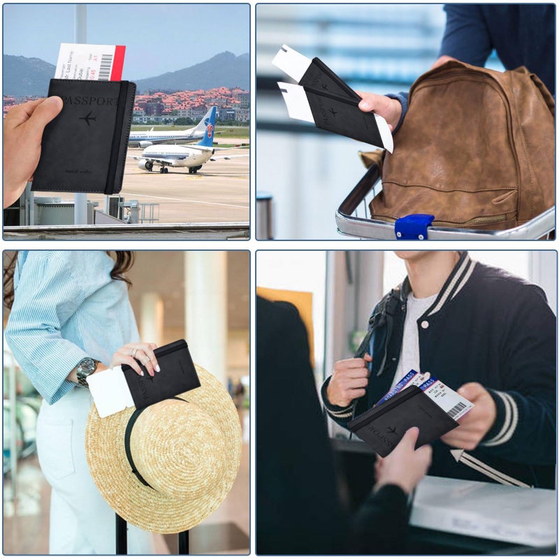 KAOBAN Passport Holder, Passport Cover with Credit Card Slot and Boarding Pass Slot Combo, Passport Wallet Case Book Travel Must Have, RFID Blocking Leather Travel Accessories, Black - Image 5