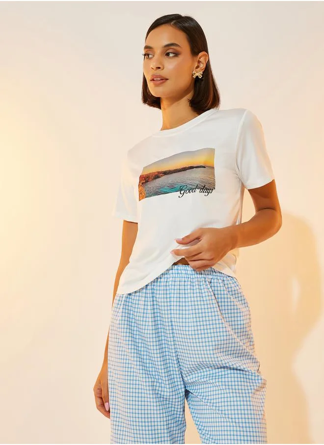 تايك تو Graphic Print Round Neck T-Shirt & Gingham Check Pants Co-Ords