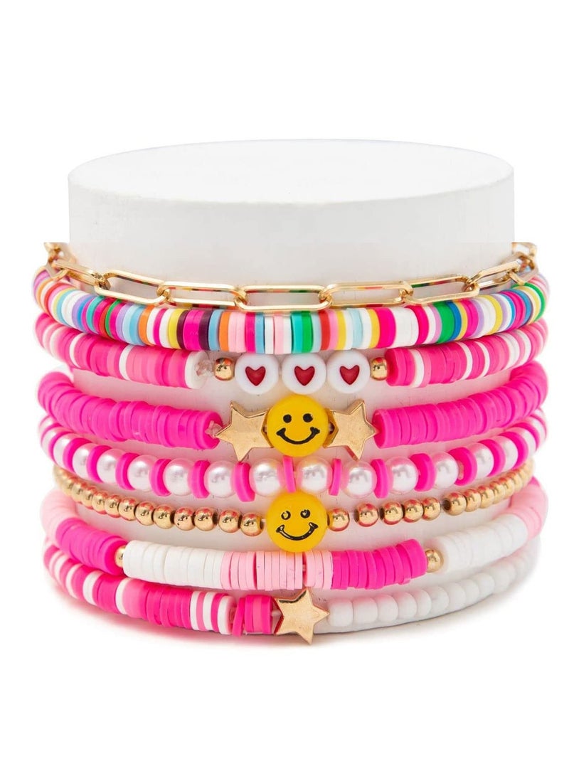 8 Pieces Bracelets Set for Women, Stackable Polymer Clay Disc Beaded Stretch Bracelets, Elastic Layering Friendship Bracelets, Boho Summer Beach Jewelry for Women Girls  - Image 1