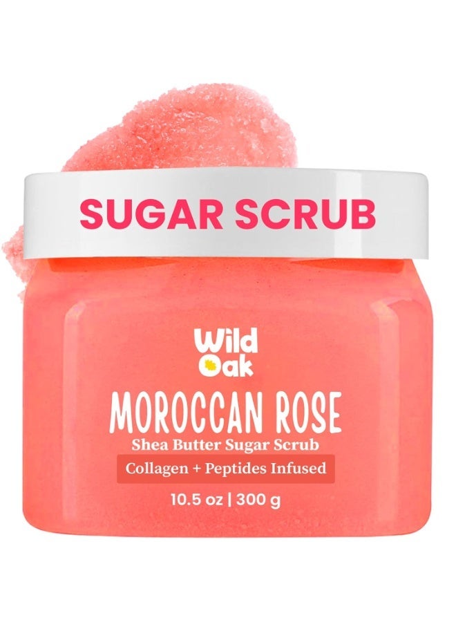 WILD OAK WildOak Moroccan Rose Shea Butter Sugar Scrub | Collagen + Peptides Infused | 300gm | Exfoliating, Moisturising & Brightening | Tan Removal & Strawberry Skin | Body Polish Scrub - Image 1