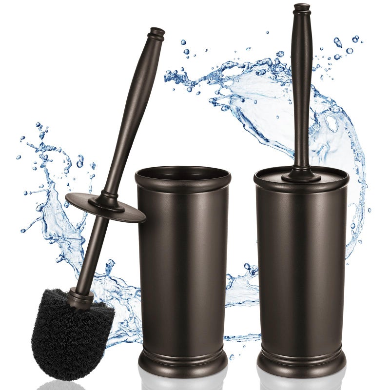 HAMITOR Toilet Bowl Brush Holder Set: 2 Pack Modern Deep Cleaning Bathroom Toilet Scrubber with Caddy for rv - Rim Decorative Accessories Cleaner Brushes for Toilet - Bronze1 - Image 1