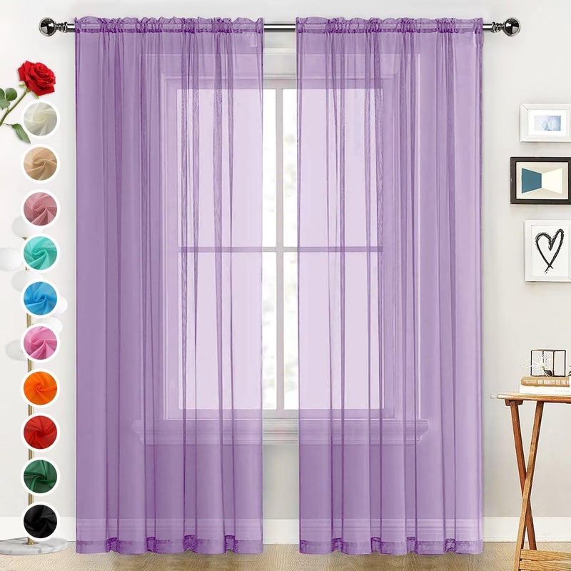 SpaceDresser Sheer Voile Window Treatment Rod Pocket Curtain Panels for Kitchen Bedroom Living Room Drapes Sunlight Filtering Privacy Semi Home Decor Assorted (Lavender, 52 W x 84 L) - Image 1