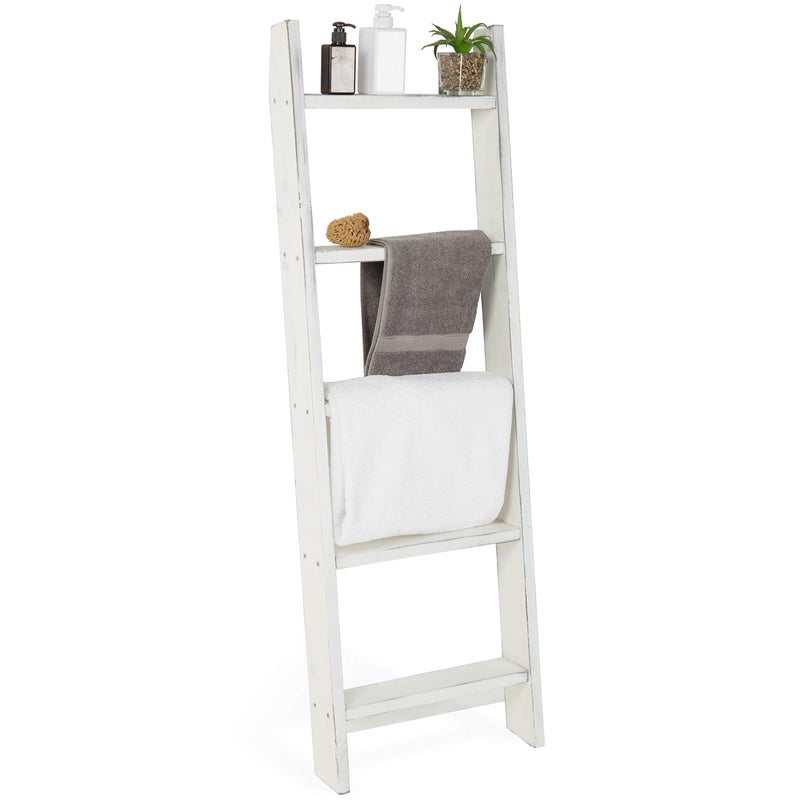 MyGift Large Whitewashed Wood Ladder Blanket Ladder Farmhouse Style Wall Leaning Towel Rack with 5 Rungs Vintage White