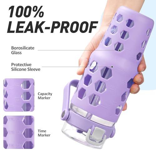 MUKOKO 32 oz Glass Tumbler with Straw,Glass Water Bottles with Time Marker,Iced Coffee Cup with Silicone Sleeve,Motivational Drinking Bottles,Leakproof-Purple - Image 4