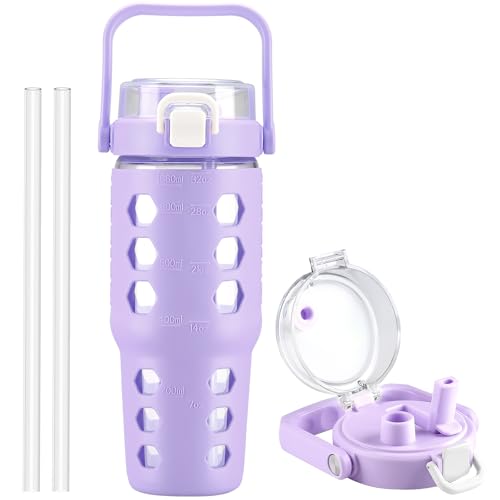 MUKOKO 32 oz Glass Tumbler with Straw,Glass Water Bottles with Time Marker,Iced Coffee Cup with Silicone Sleeve,Motivational Drinking Bottles,Leakproof-Purple - Image 1