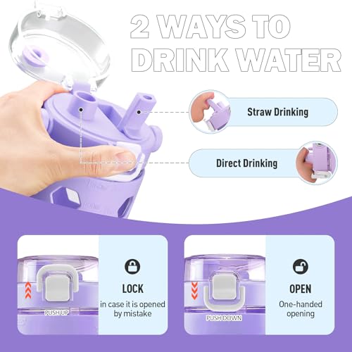MUKOKO 32 oz Glass Tumbler with Straw,Glass Water Bottles with Time Marker,Iced Coffee Cup with Silicone Sleeve,Motivational Drinking Bottles,Leakproof-Purple - Image 2