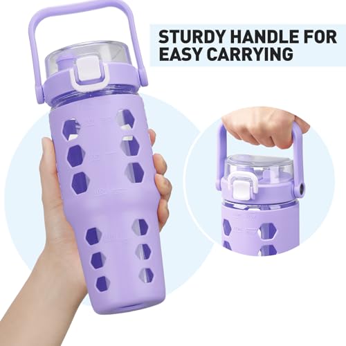 MUKOKO 32 oz Glass Tumbler with Straw,Glass Water Bottles with Time Marker,Iced Coffee Cup with Silicone Sleeve,Motivational Drinking Bottles,Leakproof-Purple - Image 5