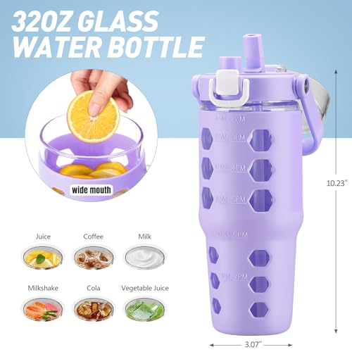 MUKOKO 32 oz Glass Tumbler with Straw,Glass Water Bottles with Time Marker,Iced Coffee Cup with Silicone Sleeve,Motivational Drinking Bottles,Leakproof-Purple - Image 3