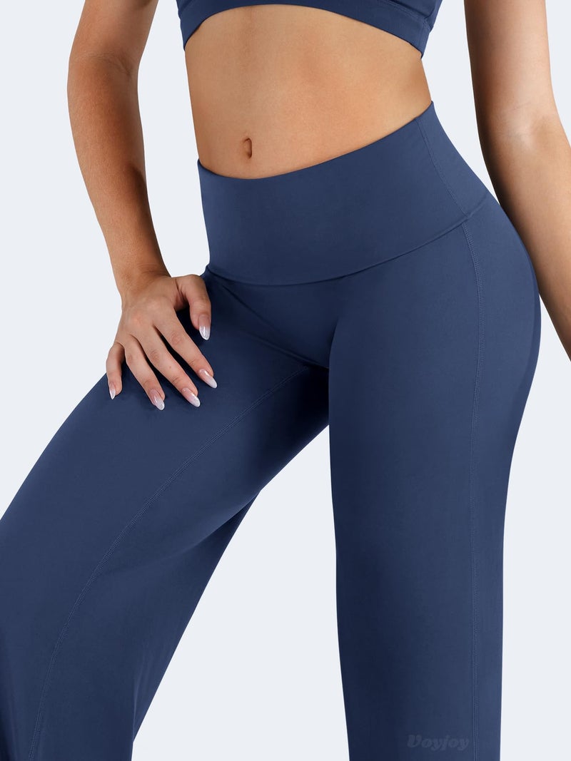 VOYJOY Fold Over Straight Leggings Womens Wide Leg Yoga Pants No Front Seam 31.5" Mid Low Waist Stretch Sweatpants Navy Blue M - Image 2