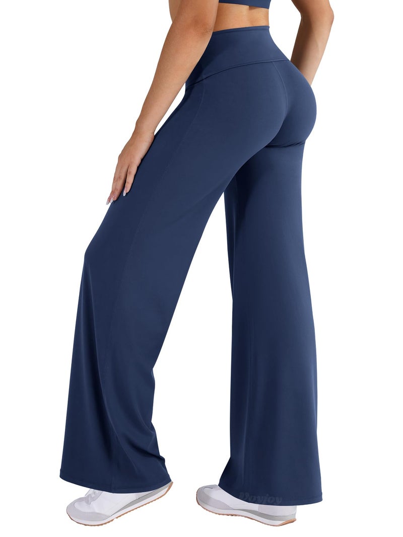 VOYJOY Fold Over Straight Leggings Womens Wide Leg Yoga Pants No Front Seam 31.5" Mid Low Waist Stretch Sweatpants Navy Blue M - Image 1