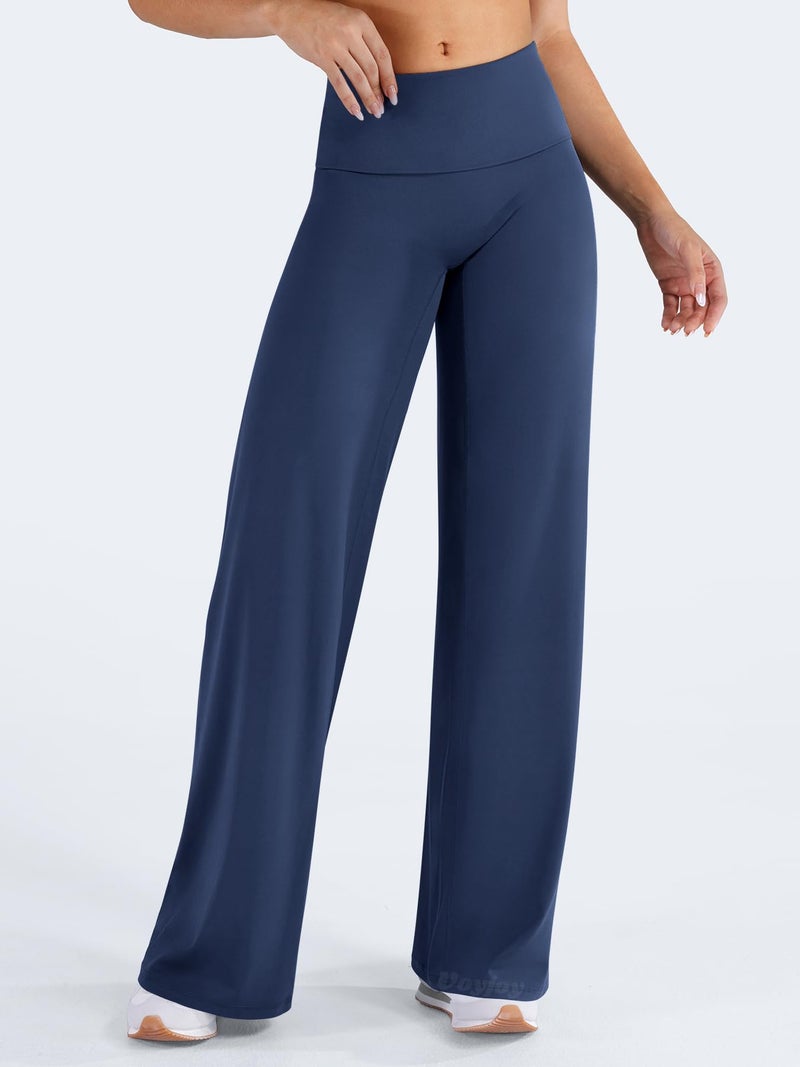 VOYJOY Fold Over Straight Leggings Womens Wide Leg Yoga Pants No Front Seam 31.5" Mid Low Waist Stretch Sweatpants Navy Blue M - Image 4