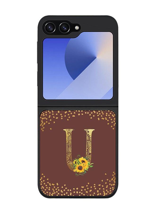 Stylizedd Rugged Black edge case for Samsung Galaxy Z Flip7 FE, Slim fit Case Flexible Cover - Custom Monogram Initial Letter Floral Pattern Alphabet - U (Brown ) - Image 1