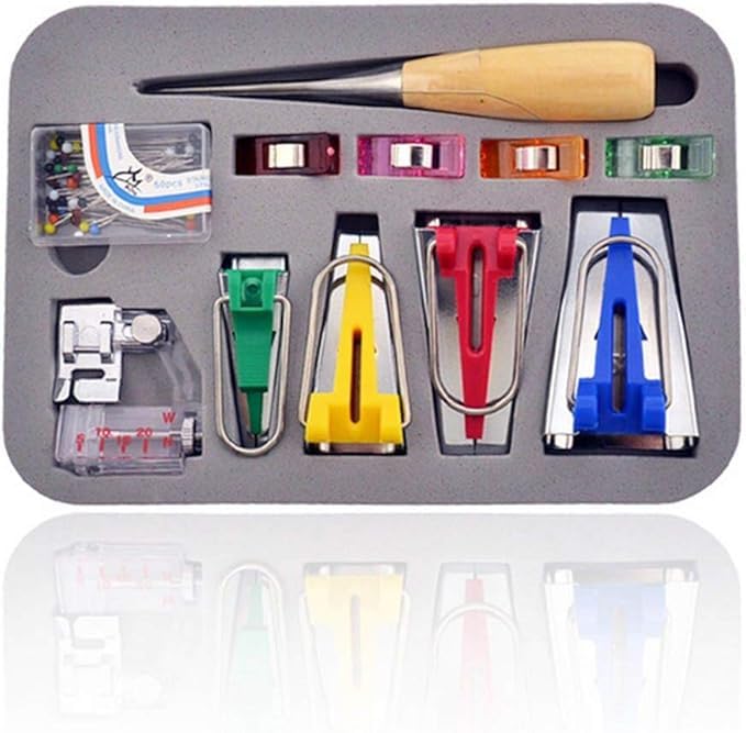 GEMSY Gemsy Bias Tape Maker Kit of 6mm 12mm 18mm 25mm sizes 4 Sewing Clips along with Pins Awl Adjustable Binder Foot used for Sewing Quilting Fabric Edge Finishing Binding Tool Set for Tailoring Dressmaking Crafts DIY  - Image 1