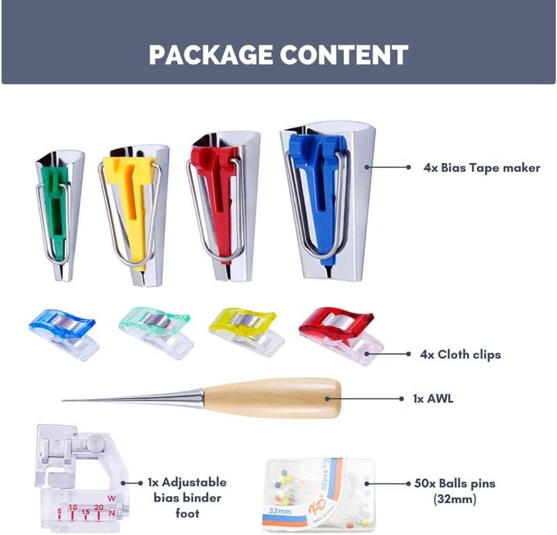 GEMSY Gemsy Bias Tape Maker Kit of 6mm 12mm 18mm 25mm sizes 4 Sewing Clips along with Pins Awl Adjustable Binder Foot used for Sewing Quilting Fabric Edge Finishing Binding Tool Set for Tailoring Dressmaking Crafts DIY  - Image 2