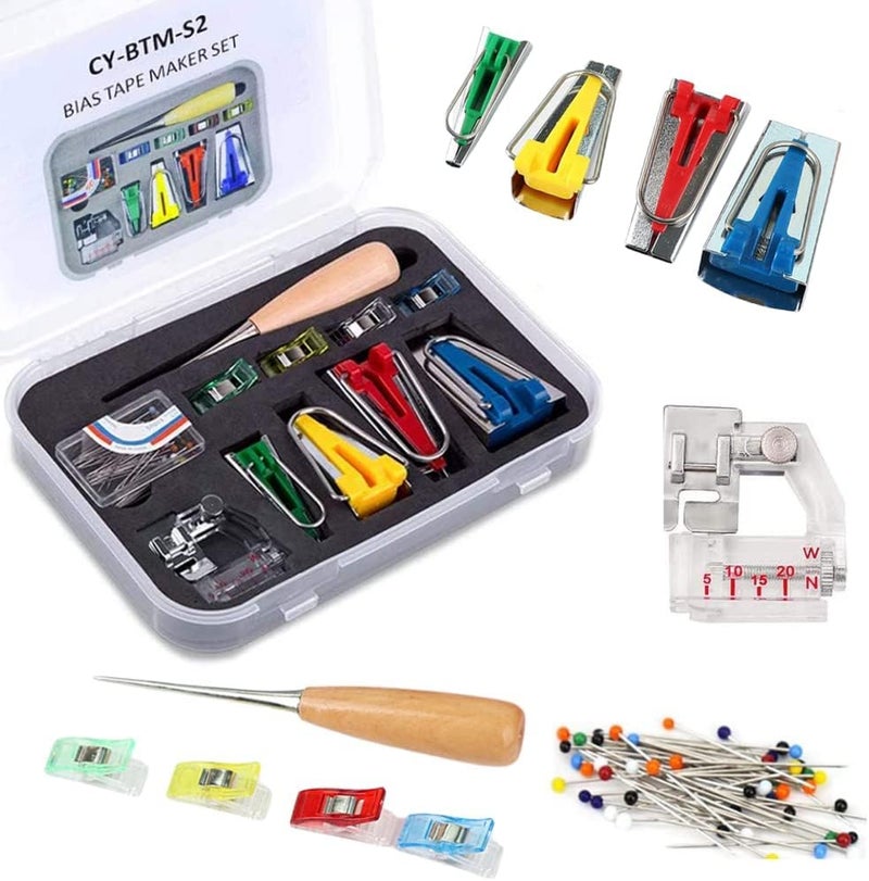 GEMSY Gemsy Bias Tape Maker Kit of 6mm 12mm 18mm 25mm sizes 4 Sewing Clips along with Pins Awl Adjustable Binder Foot used for Sewing Quilting Fabric Edge Finishing Binding Tool Set for Tailoring Dressmaking Crafts DIY  - Image 4