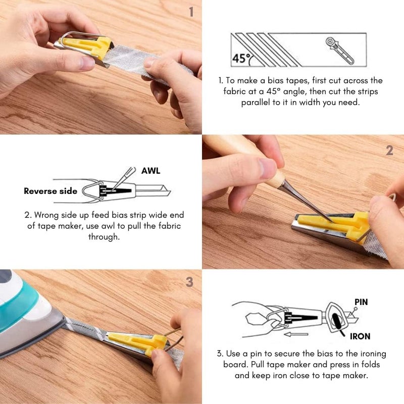GEMSY Gemsy Bias Tape Maker Kit of 6mm 12mm 18mm 25mm sizes 4 Sewing Clips along with Pins Awl Adjustable Binder Foot used for Sewing Quilting Fabric Edge Finishing Binding Tool Set for Tailoring Dressmaking Crafts DIY  - Image 3