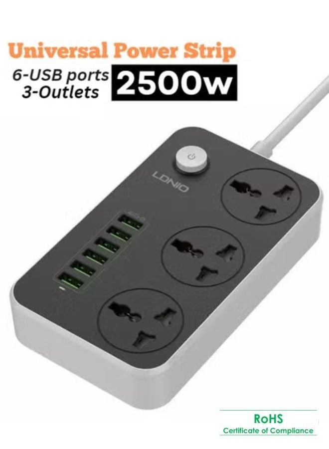 LDNIO 3 مقابس طاقة مع 6 وصلات USB محطة شحن مثالية للمنزل/المكتب أسود/رمادي - Image 1